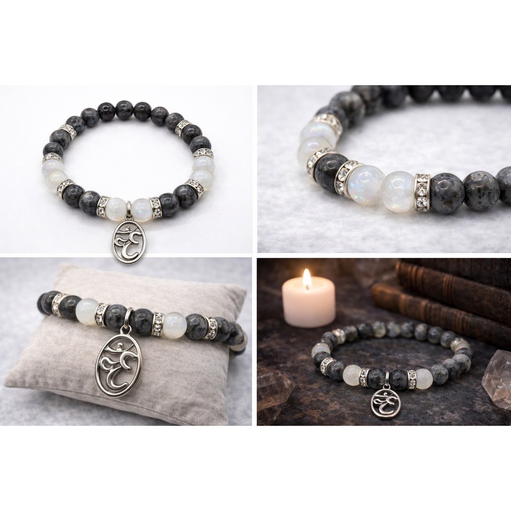 Rainbow Moonstone Larvikite Bracelet Om Charm Witchy‎ Boho Apothecary